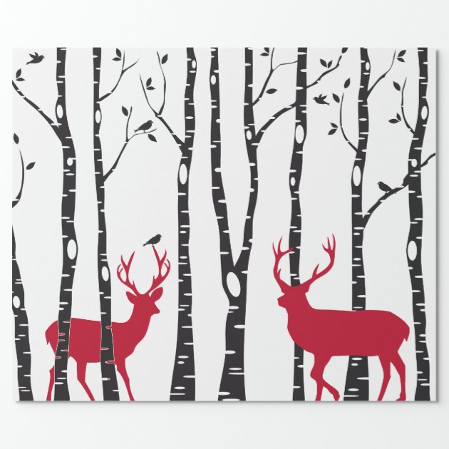 Birch trees with red Christmas deer and birds Wrapping Paper