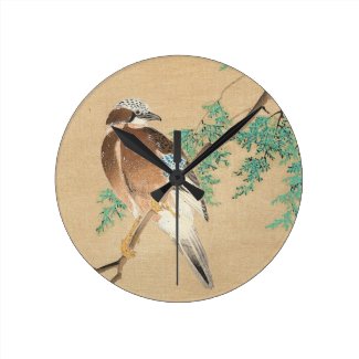 Bird and Flower, Eurasian Jay and Chinese Arborvit Round Clock