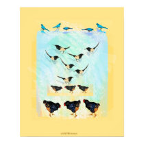 Bird collage painting hens, magpies, bluebirds posters