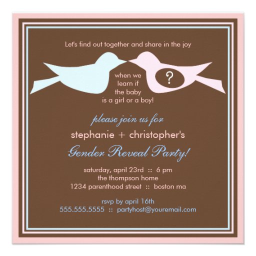 Bird Couple Baby Gender Reveal Party Personalized Invitations (front side)