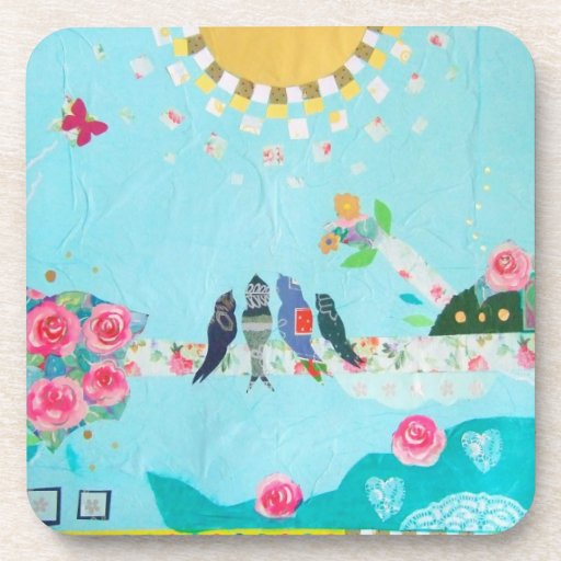 Bird Family Art Collage Beverage Coaster