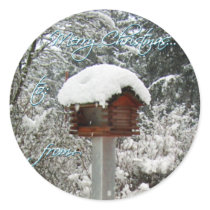 BIRD FEEDER & SNOW by SHARON SHARPE Round Sticker