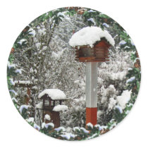 BIRD FEEDERS & SNOW by SHARON SHARPE Round Sticker
