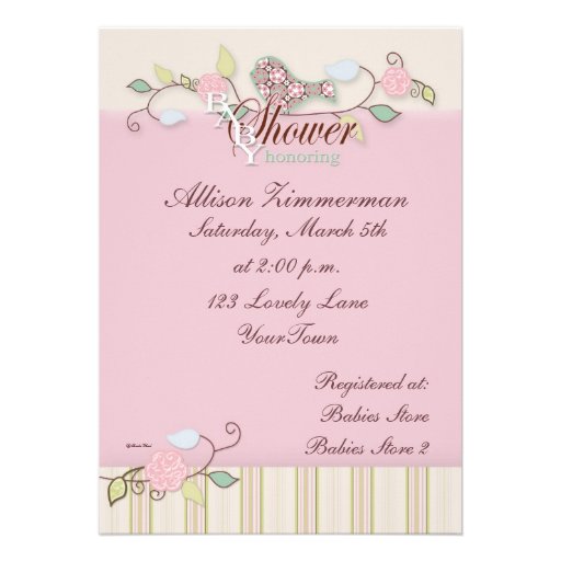 Bird in Pink & Greens Baby Shower Invitation