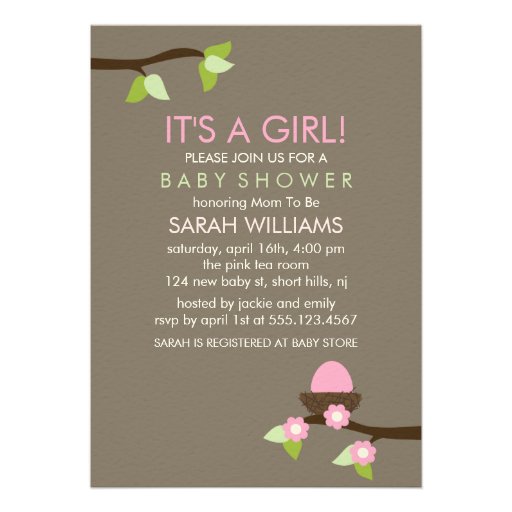 Bird Nest and Blossoms Girl Baby Shower Custom Invitations