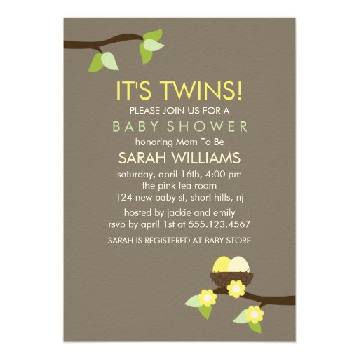 Bird Nest and Blossoms Twin Baby Shower Invitations