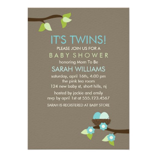 Bird Nest and Blossoms Twin Boys Baby Shower Custom Invite