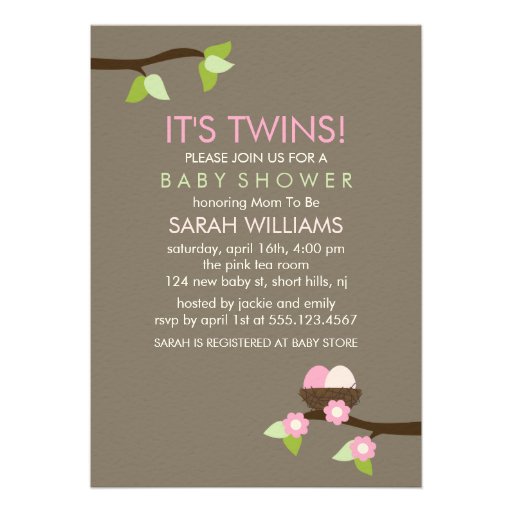 Bird Nest and Blossoms Twin Girls Baby Shower Invitations