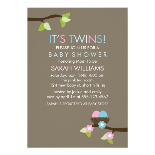 Bird Nest and Blossoms Twins Baby Shower Personalized Invites (front side)