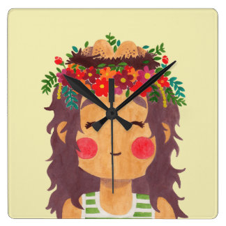 Bird Nest Girl in the Spring Season Pattern Square Wall Clock Bird Nest Girl in the Spring Season Illustration Printed on Merchandise Illustration by Haidi Shabrina