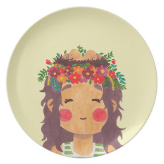 Bird Nest Girl in the Spring Season Illustration Party Plate Bird Nest Girl in the Spring Season Illustration Printed on Merchandise Illustration by Haidi Shabrina