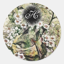 BIRD NEST MONOGRAM ,white brown green yellow Round Stickers
