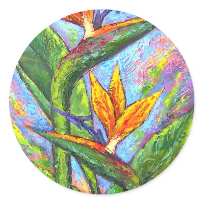 Tropical Birds Paradise on Bird Of Paradise Tropical Flower Painting   Multi Round Sticker From