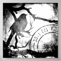 Bird on a Branch, Black and White Print
