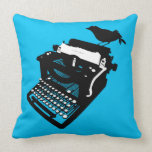 Bird on a Typewriter Pillow (blue background)