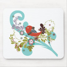 Bird ~ Red SongBird Sitting On Scroll Tree Branch Mouse Pad