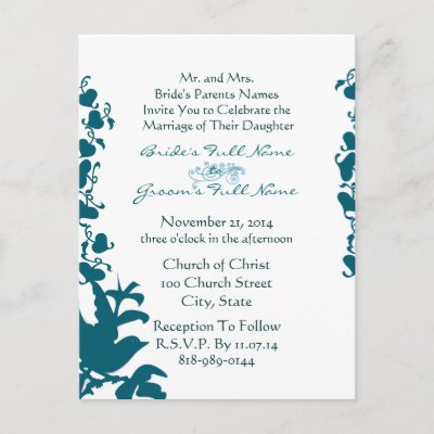 Bird Wedding Invitation Sea Blue Font on White Post Cards by samack