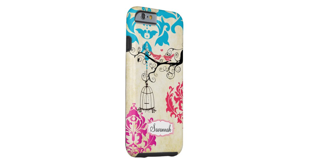 Birdcage Bird Pink Coral Aqua Damask iPhone Case Zazzle