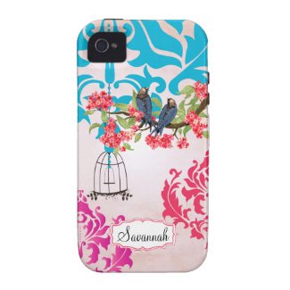 Birdcage Bird Pink Coral Aqua Damask iPhone Case