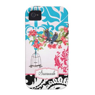 Birdcage Love Bird Pink Aqua Damask iPhone Case Case-mate Iphone 4 Cover