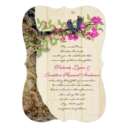 Birdcage Pink Navy Vintage Birds Wedding Damask Personalized Invitations