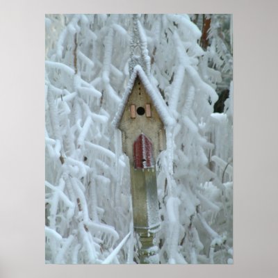Birdhouse in ice encrusted tree print by dpark88