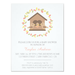 Birdhouse Spring Pastel Leaves Wreath Baby Shower Announcement Cards