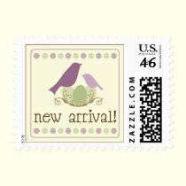 Birdie New Arrival Baby Announcement Stamp (lilac) stamps