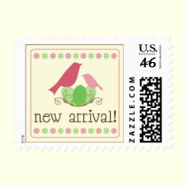 Birdie New Arrival Baby Announcement Stamp (pink) stamps