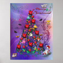 Birds and Butterflies Christmas Tree Art Posters