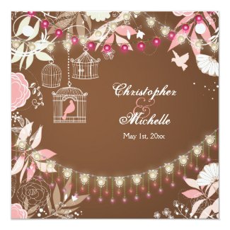 Birds, Cages, Flower Garden Pink and Brown Wedding Invitation