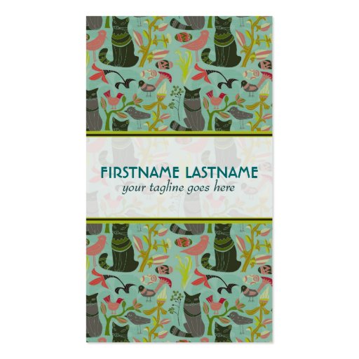 Birds Cats And Flowers Pastel Retro Pattern Business Cards (front side)