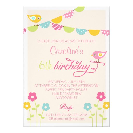 Birds Flowers and Banners Girl Birthday Party Personalized Invites