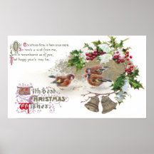 Birds, Holly and Bells Vintage Christmas Print