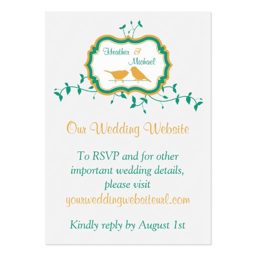 Birds Leaves Yellow Emerald Wedding Website Insert Business Card (front side)