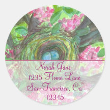 Birds Nest Address Sticker Spring Flower Painting