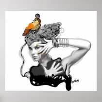 bird, birds, mind, artsprojekt, woman, portrait, collage, photo, black, white, fantasy, patricia, vidour, arte, girl, female, illustration, wall, decor, modern, contemporary, beauty, inspiring, inspirational, design, voice, mujer, women, creative, artistic, nullipara, Kentucky, may queen, racehorse, nymphet, geldings, houri, Kentucky Derby, mother figure, queen of the may, Poster with custom graphic design