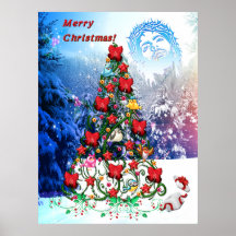 Birds on Christmas Tree Poster