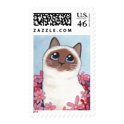 Birman Cat and Pink Flowers Cat Art - Medium postage
