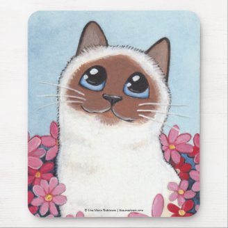 Birman Cat and Pink Flowers Cat Art Mousepad