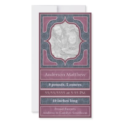 Birth Announcement Elegant Blue Mauve Picture Card by OrangeBirdDesigns