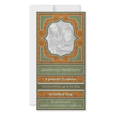 Birth Announcement Elegant Green Orange Custom Photo Card by OrangeBirdDesigns