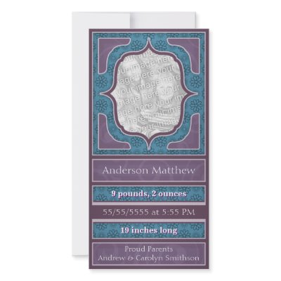 Birth Announcement Elegant Purple Blue Photo Card Template by OrangeBirdDesigns