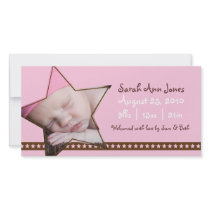 Birth Announcement with a Pink and Star Theme Photo Greeting Card