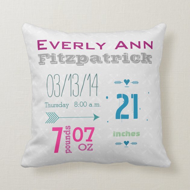 Girls Personalised Baby Birth Record Cushion Cover 