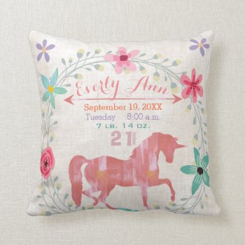 Birth Stats Baby Girl Magical Creatures Unicorn Throw Pillow