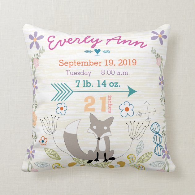 Birth Stats Baby Girl Woodland Creatures Fox Throw Pillows-0