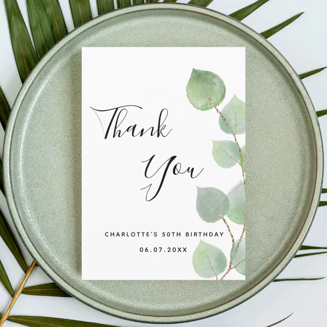 Birthday 50 Eucalyptus Greenery Modern Script Thank You Card Zazzle