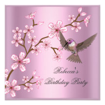 Birthday  Asian Pink Blossom Flowers Bird Custom Invitation