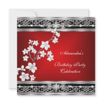 Birthday Asian Red Black Floral Silver White Custom Invitations